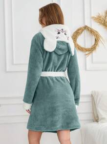 SHEIN Cottnline Women Contrast  Plush Cat Embroidery With Hoodie Detail Robe - Mint Blue - View 2