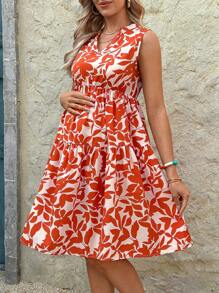 SHEIN Maternity Sleeveless Allover Printed Casual Elegant Dress - Orange - View 4