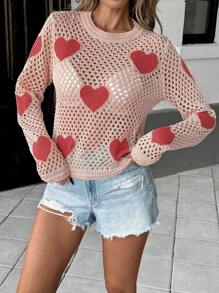 SHEIN LUNE Lente/zomer Hollow Heart Crew Neck gebreide crop top, modieuze trui voor laagjes, geschikt voor Valentijnsdag