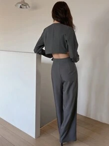 DAZY 2 件套精致时尚套装，包括收腰上衣和阔腿裤，优雅女装 - 灰色 - 查看 2