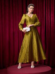 Modelyn Women's Pleated V-Neck Puff Sleeve Chic Dress Fall Cloth For Women