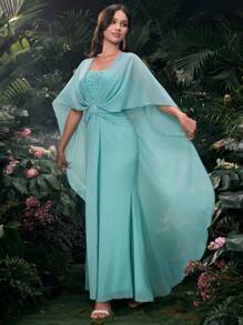 Coutiva Simple Elegant Diamond And Pearl Embellished Cinched Waist Midi Dress, Bridal Shower Music Festival  Spring/SummerMusic Festival  Spring/Summer - Mint Green - View 3