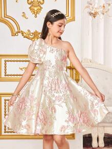 SHEIN Mädchen Tween elegantes Kleid aus luxuriösem Brokat-Stoff mit Blumendekor, asymmetrischer Schulter, tailliert, knielang. Blumenmädchen Kleid für Valentinstag, Party/Schulanfang, damenhaft, Prinzessinen-Stil, Hochzeitssaison, Geburtstagsparty - Pink - Übersicht 10