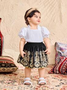 Babygirl קיץ מתוק לבן חולצה קצרה וחצאית מיני בדוגמת זהב יוקרתית 2 חלקים סט - שחור ולבן - ראה 6