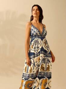 CAJUNI Đầm cổ chữ V đi biển mùa hè giản dị, họa tiết báo Boho, cây cọ, lá Monstera, họa tiết hoa nhiệt đới dành cho nữ - Nhiều màu - Xem 6