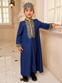 Young Boy Geometric Print Patchwork Ribbon Collar Long Sleeve Long Shirt - Royal Blue - View 5