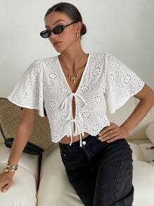 SHEIN Essnce Women's Holiday Floral Embroidery Front Tie Ruffle Short Sleeve Shirt - White - View 3