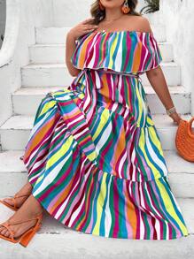 SHEIN CURVE+ Plus Size Vacation Leisure Colorful Striped Pattern Off-Shoulder Ruffle Trimmed Multi-Tiered Hem A-Line Dress Pride Month Rainbow Women's Long Dress Boho Vacation - Multicolor - View 6