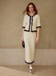 MOTF PREMIUM LACE CONTRAST BINDING BOXY JACKET - Beige - View 4