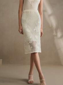 Anewsta 高端法式刺绣镂空修身半身裙高腰针织裙春夏情人节度假 - 米色 - 查看 1