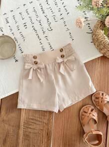 SHEIN LMoss Kids Baby Girl Casual Khaki Bow Decor Shorts, Summer