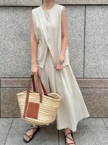 FRIFUL 2 件套女式杏色无袖短款上衣和高腰开叉裙套装，复古风格，适合假日穿着，亚麻