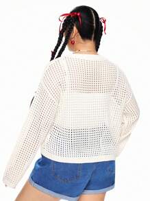 ROMWE Kawaii Cherry Decor Hollow Out Sheer Plus Size Thin Cardigan For Plus Size Women, Spring Outfits