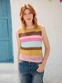 Skyraze 女士度假休闲撞色条纹镂空针织背心