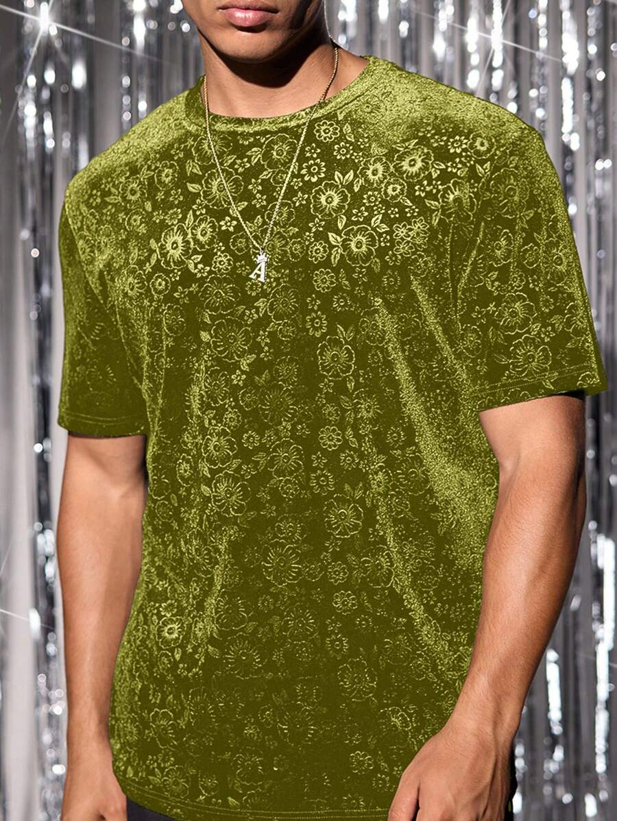 Manfinity VCAY Men's Knitted Fashion Daily Young Casual Gorgeous Velvet Embossed Fitted Short-Sleeved T-Shirt Style T-Shirt