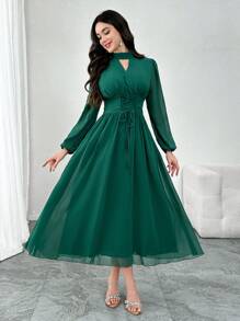 Modelyn 女式 A 字腰带褶饰下摆绿色中长连衣裙