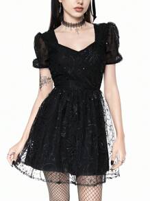 ROMWE Váy tay bồng phối lưới kim tuyến tương phản bí ẩn dành cho nữ, phong cách Gothic - màu đen - Xem 7