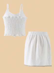 SHEIN Elegant Tween Girls Simple Sleeveless Cropped Tank Top With 3D Bow Detail And High Waist Slit Skirt 2 Pieces Outfit