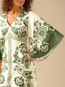 CAJUNI Women's Bohemian Tropical Floral Print, V-Neck Batwing Sleeve Backless Casual Dress, Vacation Style, Beige