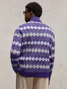 AKNOTIC Party 圣诞节男士撞色立领半拉链落肩休闲毛衣，适合圣诞节、新年、日常穿着、秋冬季，绿色菱形提花配金属拉链门襟 - 紫色 - 查看 7