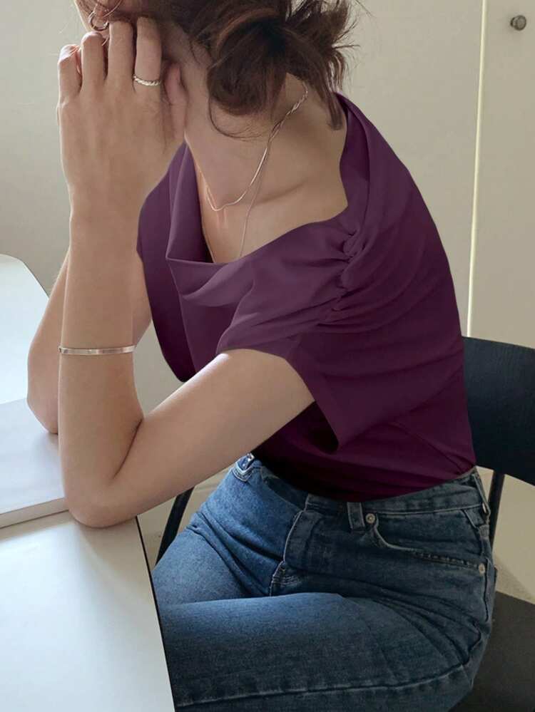 Women's Solid Color Asymmetric Neck Pleated Casual T-Shirt,Crop Tops Women