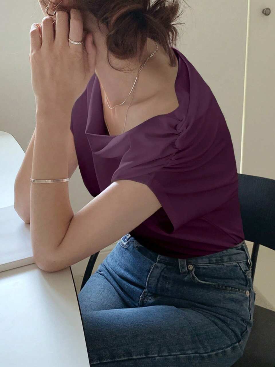 Women's Solid Color Asymmetric Neck Pleated Casual T-Shirt,Crop Tops Women