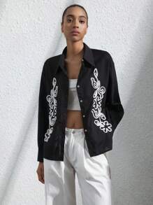 SHEIN Privé Minimalist Elegant Luxurious Retro Design Casual Versatile Black Lapel White 3D Embroidery Women Long Sleeve Shirt - Black - View 4
