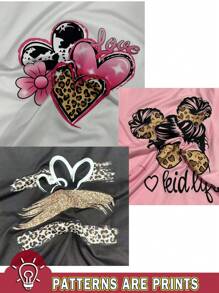 SHEIN EZwear 3 peças Meninas Coração Leopardo Laço Estampa "LOVE" Gola Redonda Manga Curta Cropped T-Shirt Apertada, Adequado Para O Verão - Multicolorido - Ver 5