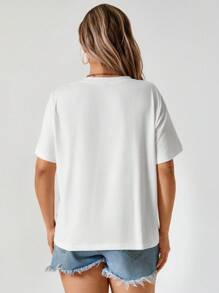 Freevana Plus Size Round Neck Short Sleeve Pocket Casual T-Shirt, For Everyday Wear Western Wear Women Boho Bohemian 90s Clothes Festival Summer Outfits For Women Summer Boho Old Money Summer Outfits For Women Spring Break Rave Outfits CottonFestival Spring Break Outfits - White - View 2