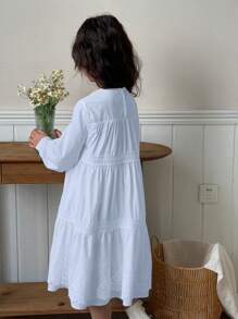 DAZY Long A-Line Lace Patchwork Solid Color Round Neck Long Sleeve Tween Girl Dress - Baby Blue - View 3