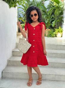 SHEIN Leap Crew Tween Girl Tie Bow Ruffle Trim Sweet Vacation Dress - Red - View 1