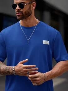 EASEVO 加大码男士休闲贴布圆领短袖T恤和短裤套装 - 藍色 - 查看 3