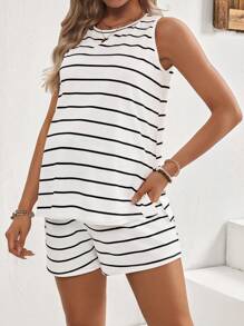 SHEIN 2pcs Maternity Sleeveless Stripe Knit Shorts Set With Side Slit (Non-Matching Stripe) - White - View 4