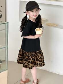 Dazy Kids 小女孩豹纹和字母图案拼布连衣裙，返校服装 - 黑色 - 查看 6