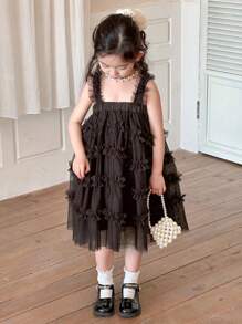 DAZY Young Girl Mesh Patchwork Wide Strap Simple Bear Pattern Party Dress,Girls Summer Outfits - Brown - View 5