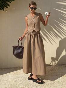 DAZY 女士休闲纯色V领背心和裙子两件套亚麻套装