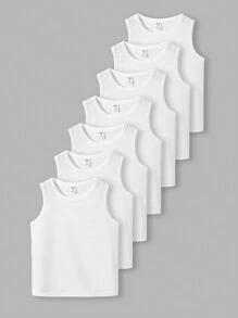 SHEIN 7pcs Young Boy Soft Knit All-Match Versatile White Tank Top Undershirt Multipack Set, Suitable For School, Garden, Beach, Birthday, Spring/Summer/Autumn/Winter