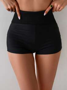 Swim SPRTY Women's Solid Color High Waisted Sports Style Beach Swim Shorts, For Summer Vacation