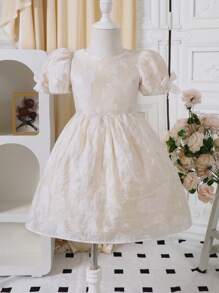 SHEIN Glamorique Kids Young Girl Spring & Summer Elegant Embroidered Mesh Texture Ruffle Sleeve Bow Princess Dress - Apricot - View 6