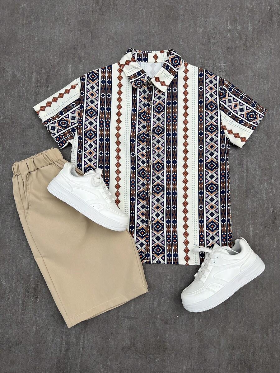 SHEIN Explorewe 2pcs/Set Teens' Stylish Cool Floral Print Short Sleeve Shirt & Loose Solid Color Bermuda Shorts, Casual Vacation - Khaki - View 1