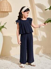 SHEIN Young Girl Woven Solid Color Round Neck Ruffle Trim Top And Woven Loose Wide-Leg Pants 2 Pieces Set