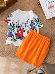 2 paquets Ensemble t-shirt à manches courtes et short imprimé lapin mignon pour jeunes garçons. Décontracté, confortable, mode, simple et pratique. Doux et confortable.