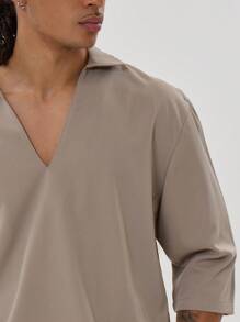 Musero Camisa de cuello con escote en V profundo, manga corta y hombros caídos, un estilo esencial para la primavera y el verano - Caqui - Ver 4