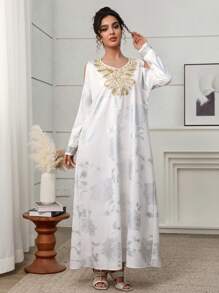 Al Najma Women's Floral Cutout Shoulder Long Sleeve Elegant Abaya Dress  Summer Outits For Women