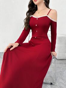 Modelyn Women's Korean Style Charming V-Neck Camisole Dress With Floral Lace Trim, Fitted And Slimming, Long Length - Burgundy - View 1