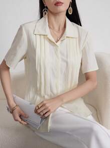 Seusyu Women's Solid Color Simple Casual Pleated Pearl Collar Short Sleeve Shirt - Yellow - View 6