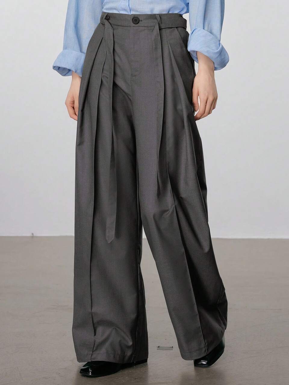 Women's Removable Tie Up Wide Leg Casual Straight Pants With Pleated Design Business Attire