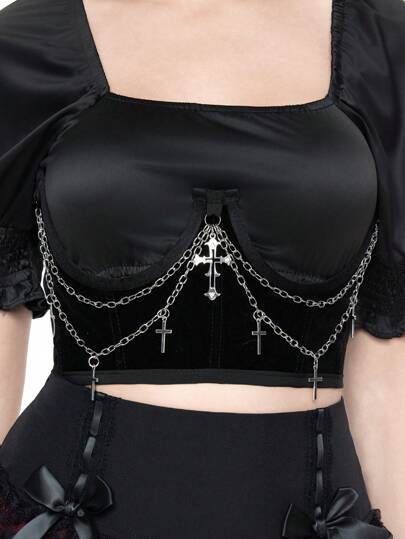 Grunge Punk 1pc Black Velvet Cross Chain Decor Goth Punk Corset Belt Tie Waist Dress, Gothic Style Christmas Outfit Accessory