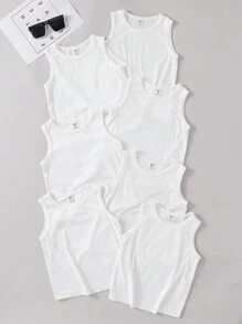 SHEIN 7pcs Young Boy Soft Knit All-Match Versatile White Tank Top Undershirt Multipack Set, Suitable For School, Garden, Beach, Birthday, Spring/Summer/Autumn/Winter