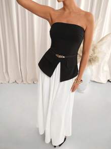 SHEIN Clasi 女士优雅露肩上衣和褶皱 A 字裙两件套，黑色和白色，春夏两件套女士度假装女士夏季装女士旧钱节 - 黑與白 - 查看 1